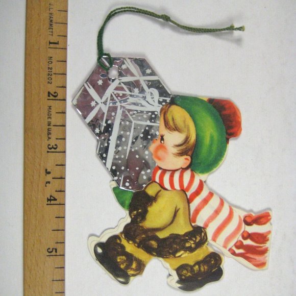 Christmas Card 1950 Used Greeting MOD Boy Walking Carrying Gifts Foil - Picture 2 of 6